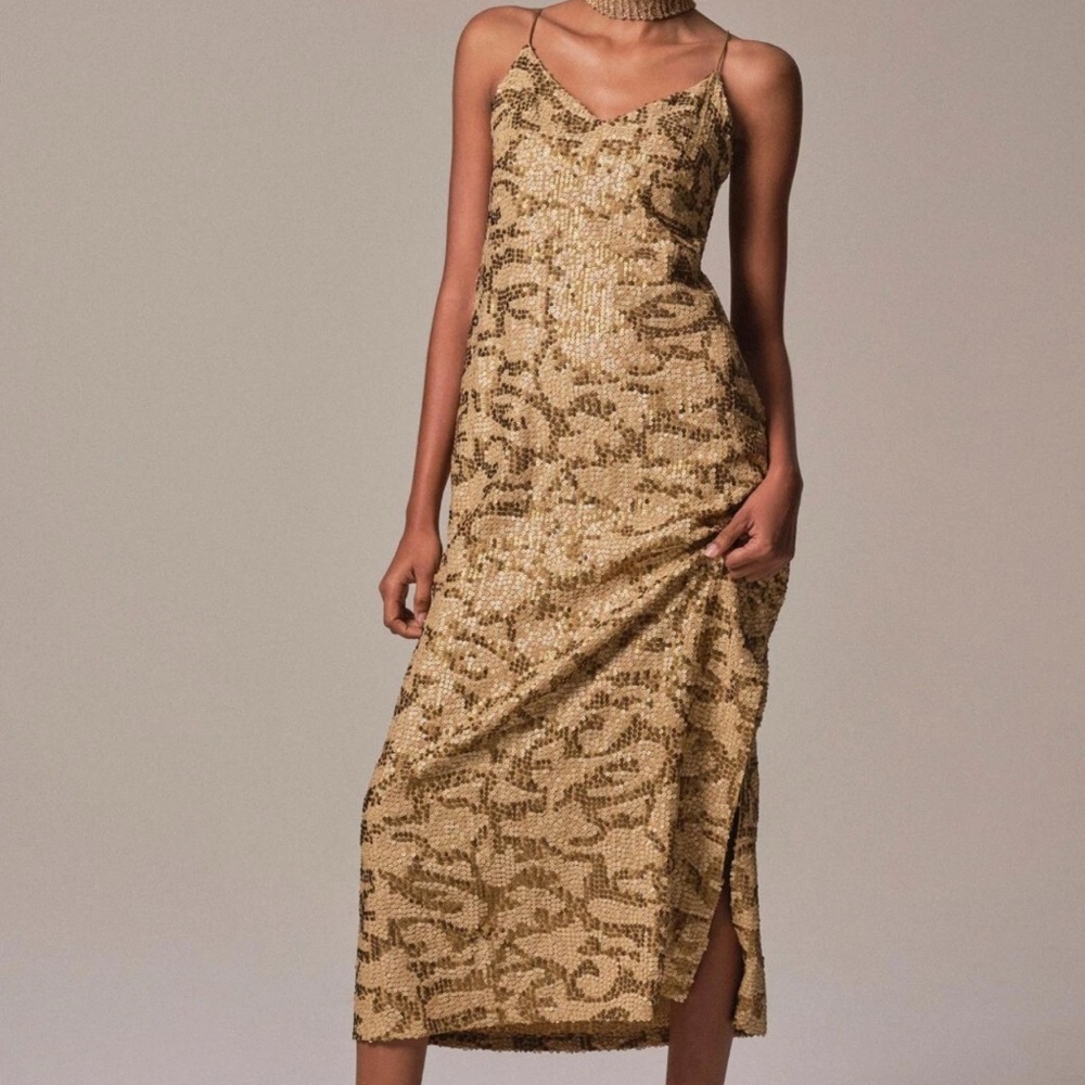 Anthropologie Gold Patterned Slip Dress Sequined Slip Midi Dress MRSP $298 - Picture 5 of 5